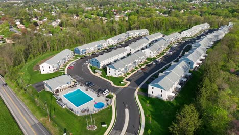 new developed housing area with modern row houses and swimming bath pool