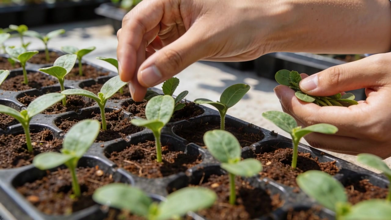 Mãos de cultivador de manga curta desbastando mudas em bandeja de viveiro para um crescimento mais forte.