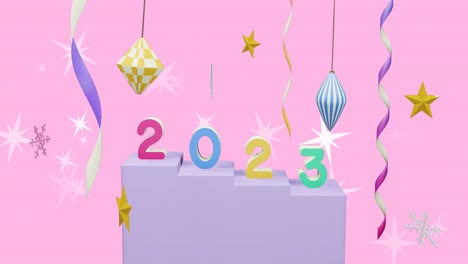 Animation-of-2023-text-and-christmas-decorations-in-background