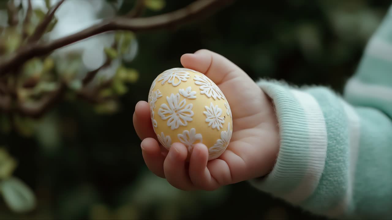 A child's hand is holding a vibrant yellow Easter egg adorned with delicate floral designs, set against a backdrop of fresh greenery, evoking a sense of seasonal delight