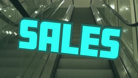 animation of the word sales in blue letters over a moving escalator. retail shopping business financ