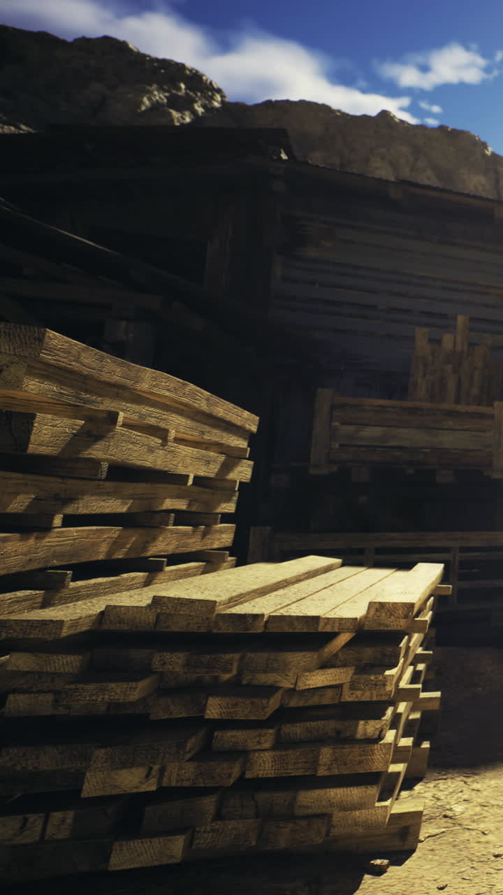 Stacks of lumber basking in warm sunlight at a rustic wood yard