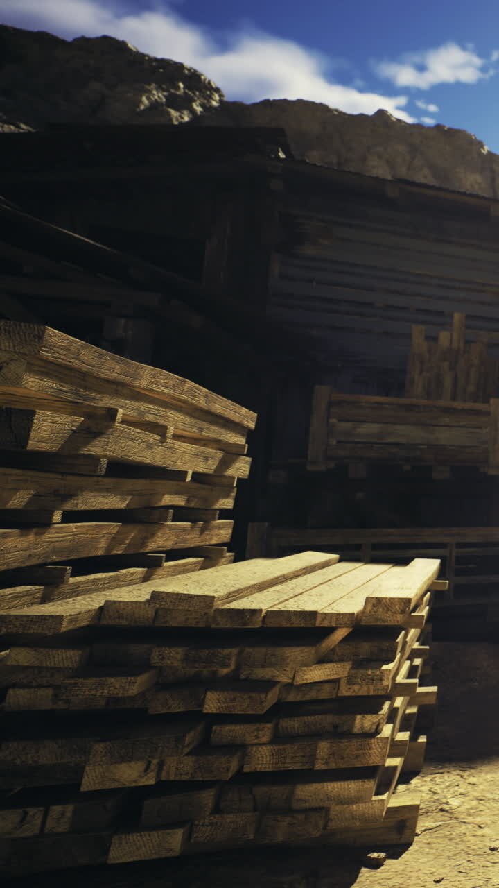 Stacks of lumber basking in warm sunlight at a rustic wood yard