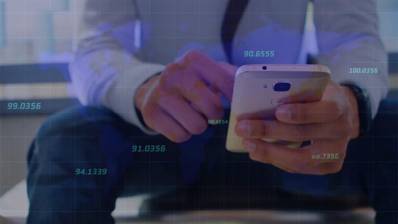 Seated man tapping smartphone, initiating animated data overlay and updating business analytics