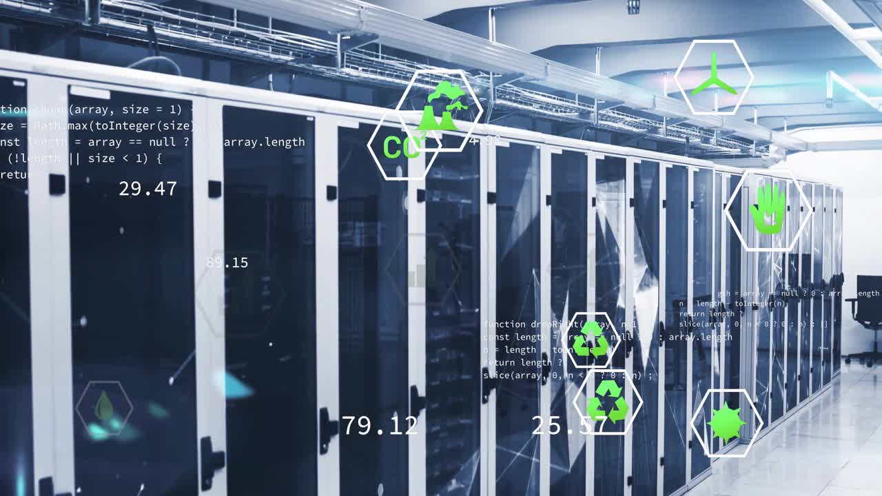 Code scrolling causing hex icons fading in server aisle, animating lines and visualizing metrics