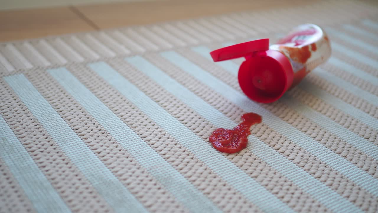Bottiglia di ketchup rovesciata su una tovaglietta a righe