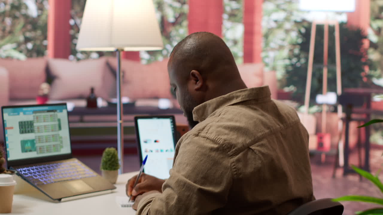 Entrepreneur conducting a data sales research with invoices and other expenses