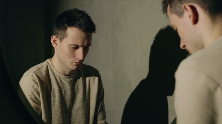 Man Looking at His Reflection, Feeling Sad