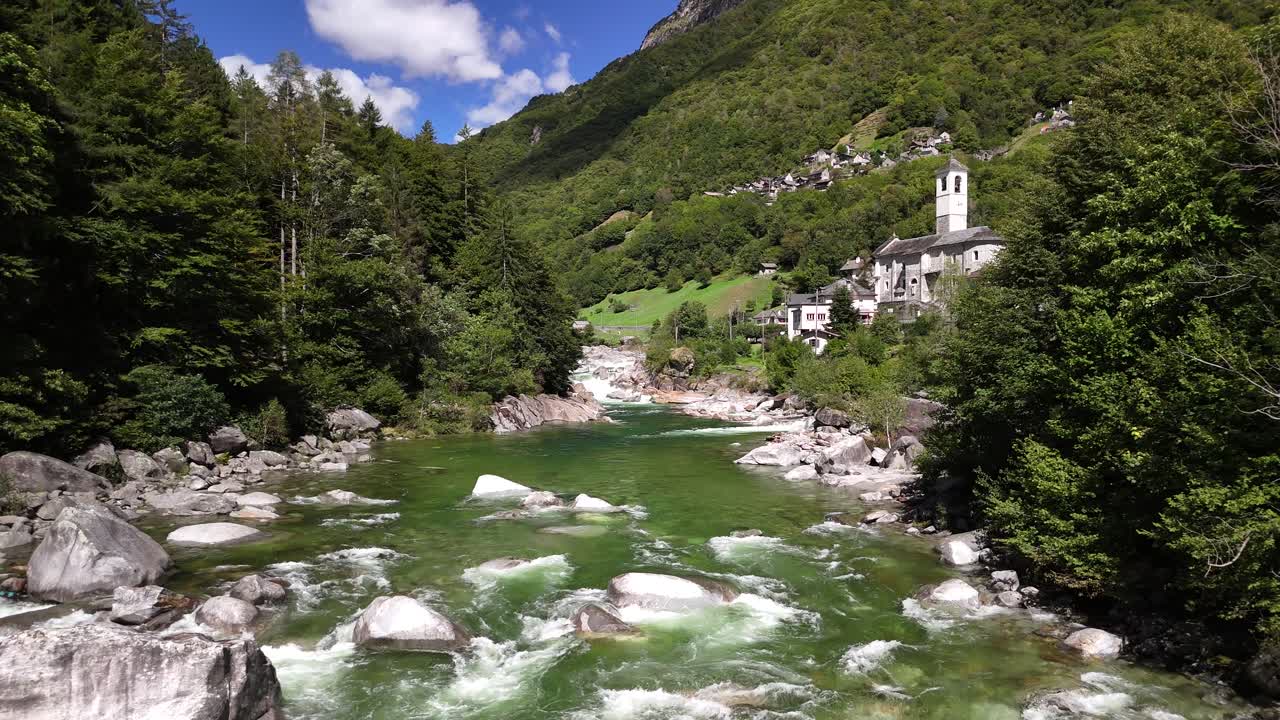Swiss alpine Verzasca river valley nature Lavertezzo village Switzerland highlands