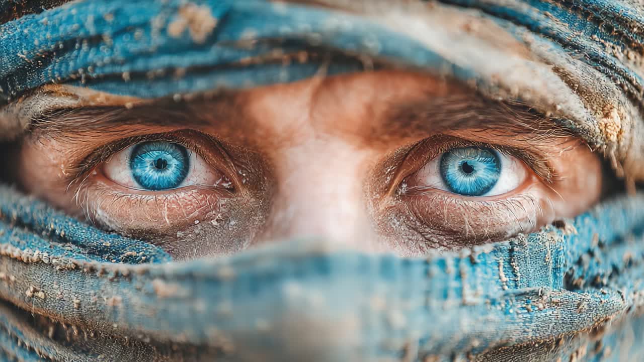 Intense Gaze: A Close-Up of Striking Blue Eyes Observing the World from Behind a Layered Fabric, Reflecting Messages of Resilience and Mystery
