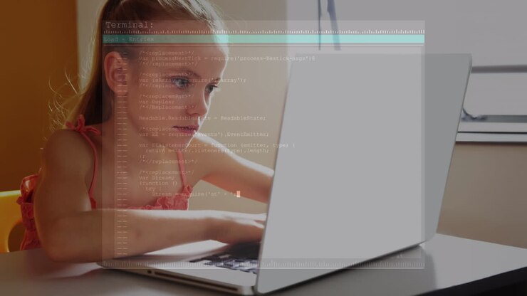 Animation of binary coding over schoolgirl using laptop and studying