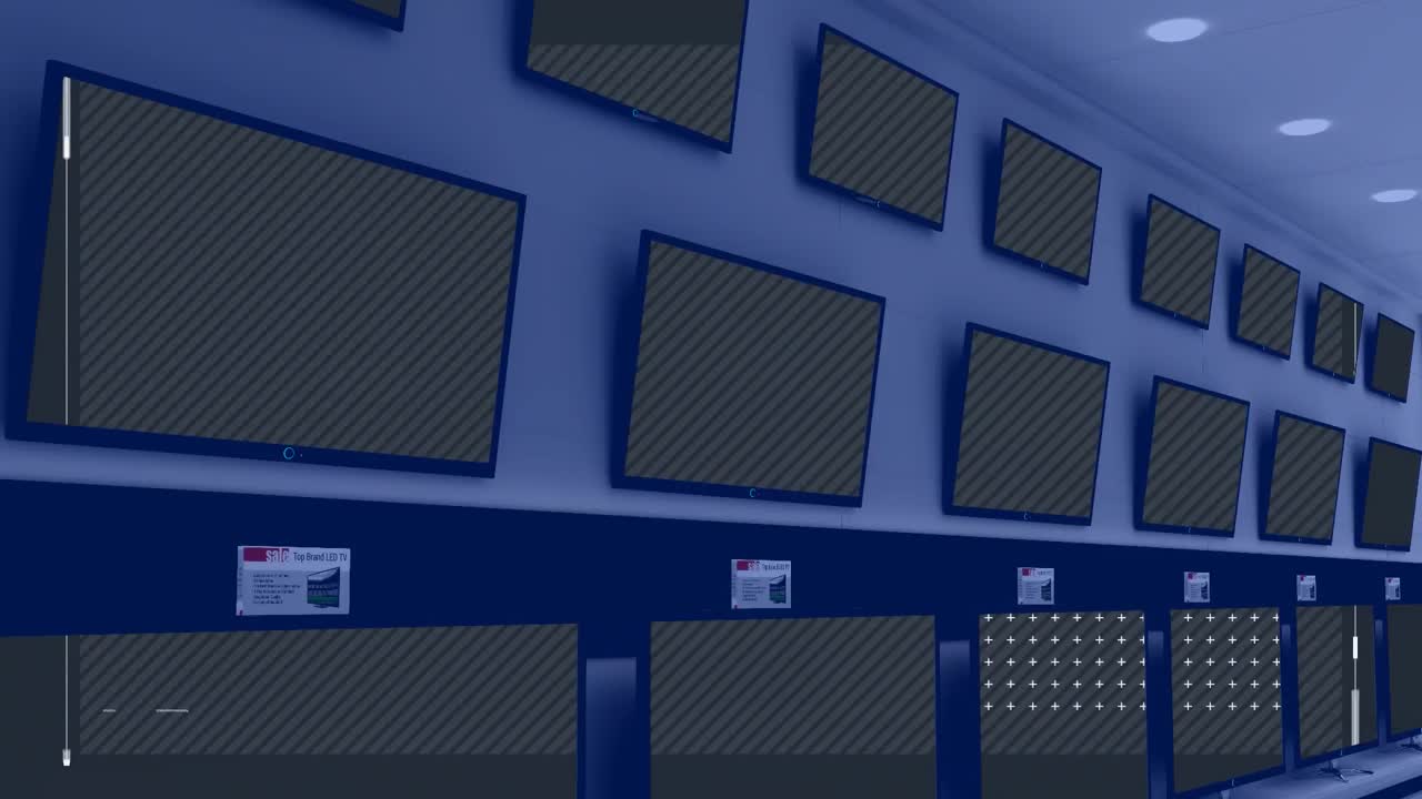 animación de filas de aparatos de televisión en la tienda con pantallas brillantes con espacio de copia