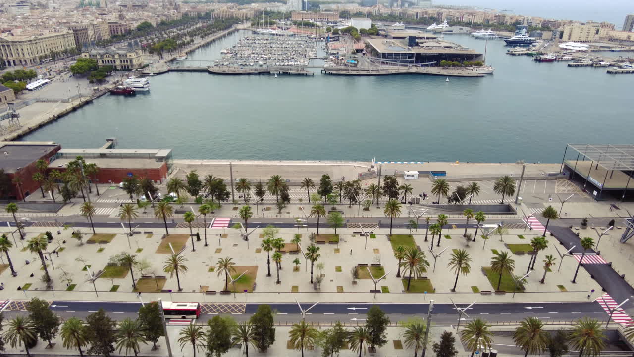 Aerial drone view of the Port Vell in Barcelona, Spain
