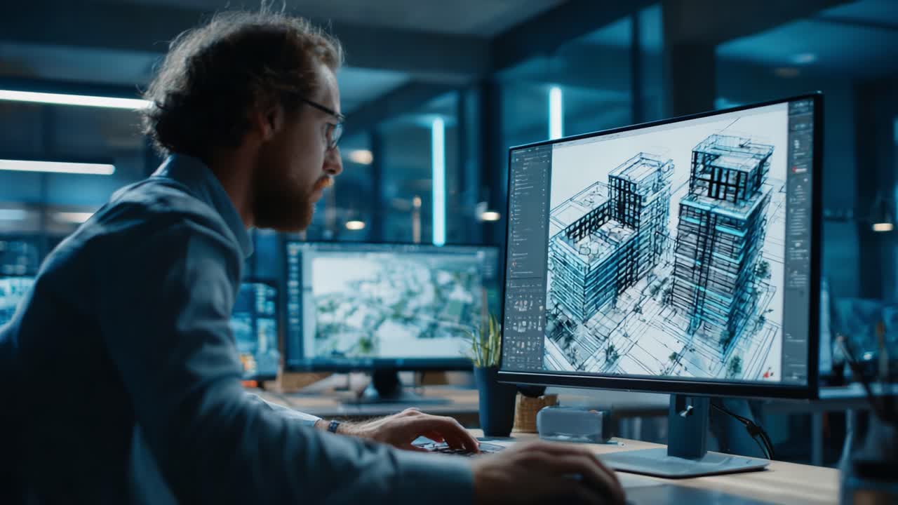 Architect Visualizing Modern Building Design on Dual Monitors: A Deep Dive into Digital Urban Planning and the Creative Process of 3D Modeling in Contemporary Architecture