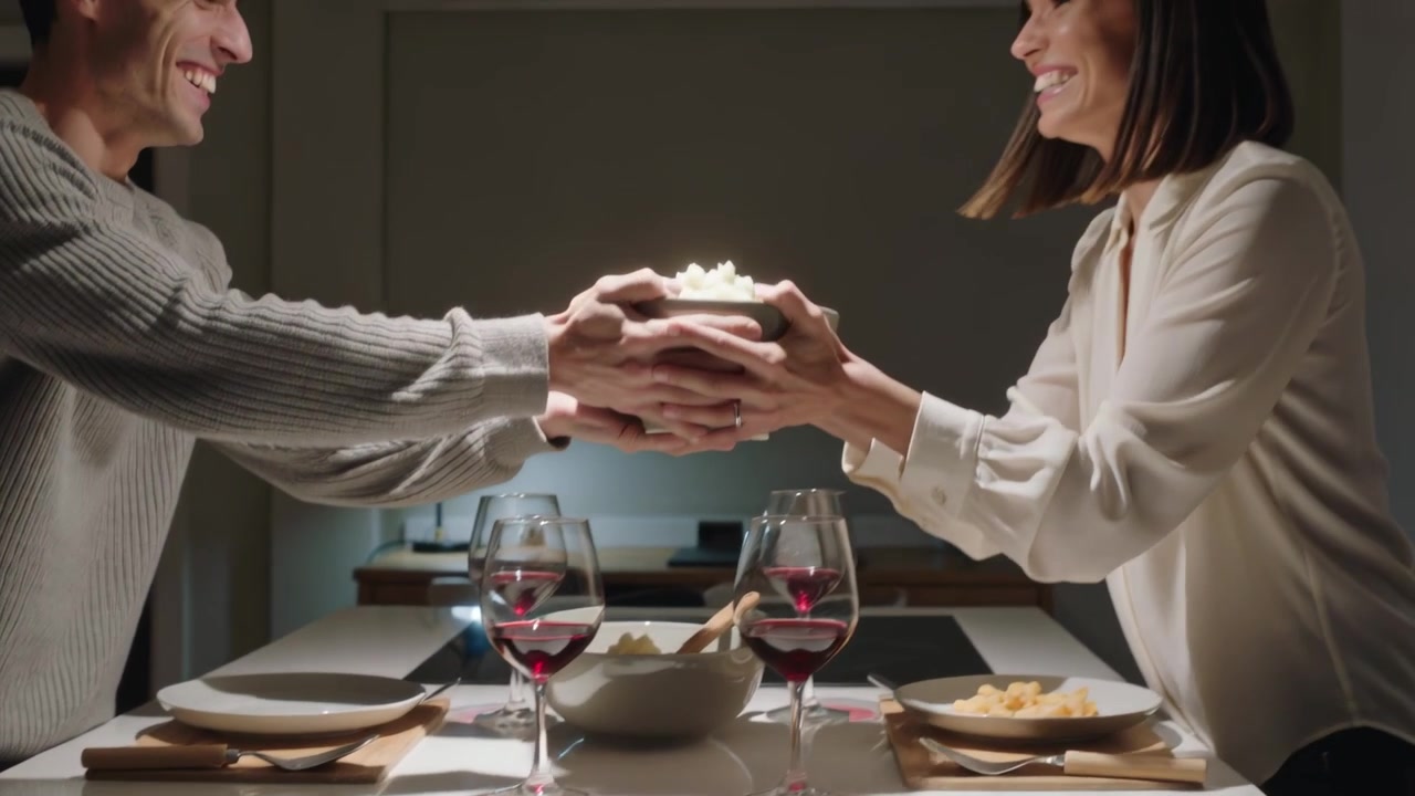 Lifting man in sweater passing mashed potatoes across home table, woman in blouse reaching to serve