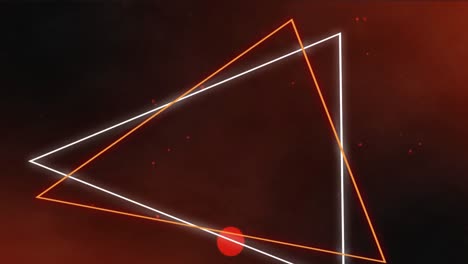 animación de contornos triangulares blancos y naranjas brillantes con manchas rojas en el fondo
