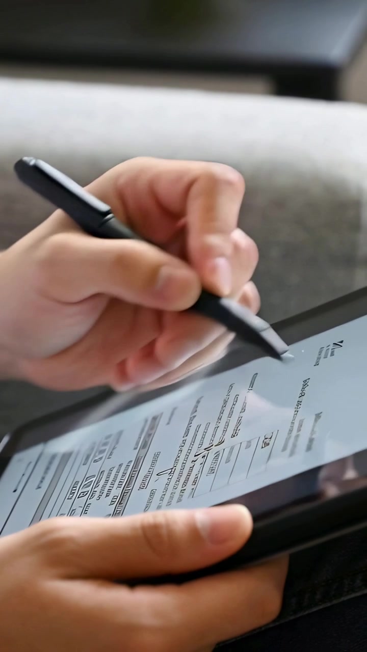 Vertical video: Tapping short sleeve right hand signing tablet form on couch with stylus to finish