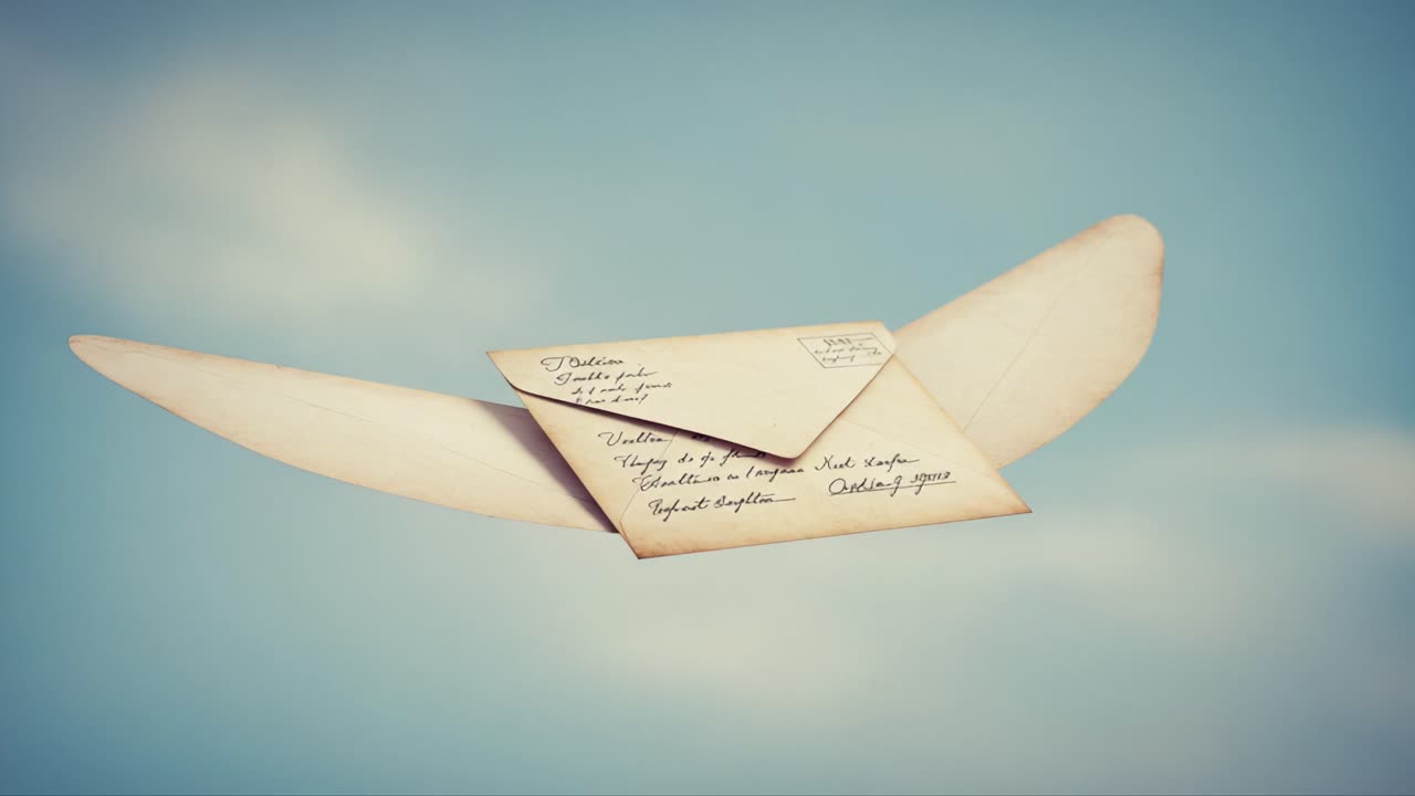 An Enigmatic Winged Envelope Soars Through a Serene Sky, Symbolizing Messages of Hope and Connection Between Hearts and Minds, Lost in Flight