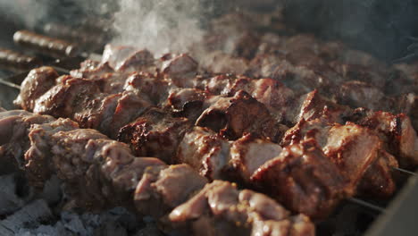 Close-up-shish-kebabs-grilling-on-open-fire-outdoors.-Bbq-preparing-on-back-yard