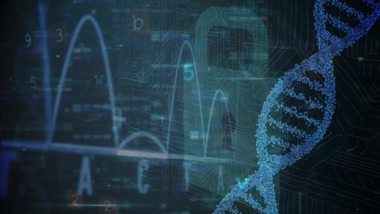 Animation of data processing with padlock over dna strand