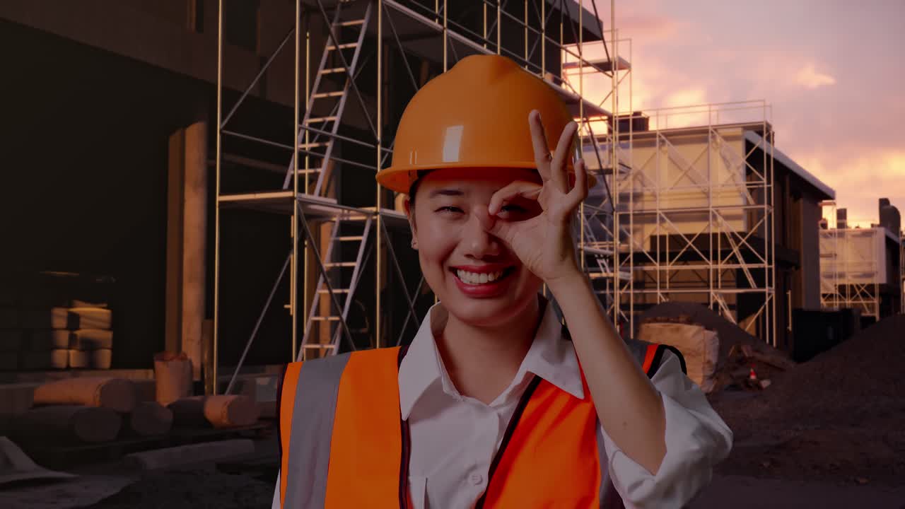 Close Up Of Asian Female Engineer With Safety Helmet Showing Ok Hand Sign Over Eye And Smiling To Camera While Standing At Construction Site in Progress to New House
