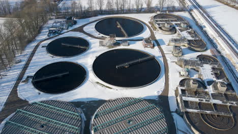 flying over of sewage water treatment plant in winter