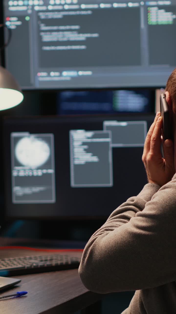 Vertical video: Male developer answering phone call in office
