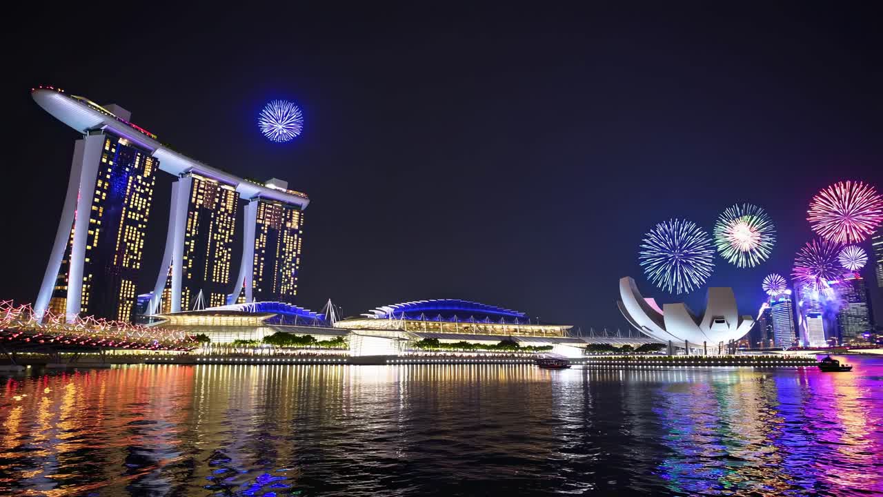 鮮やかな花火が夜空を照らし、素晴らしいウォーターフロントのスカイラインを彩ります。色とりどりの光がはじけ、水面に反射して、ダイナミックな祝祭を演出しています。