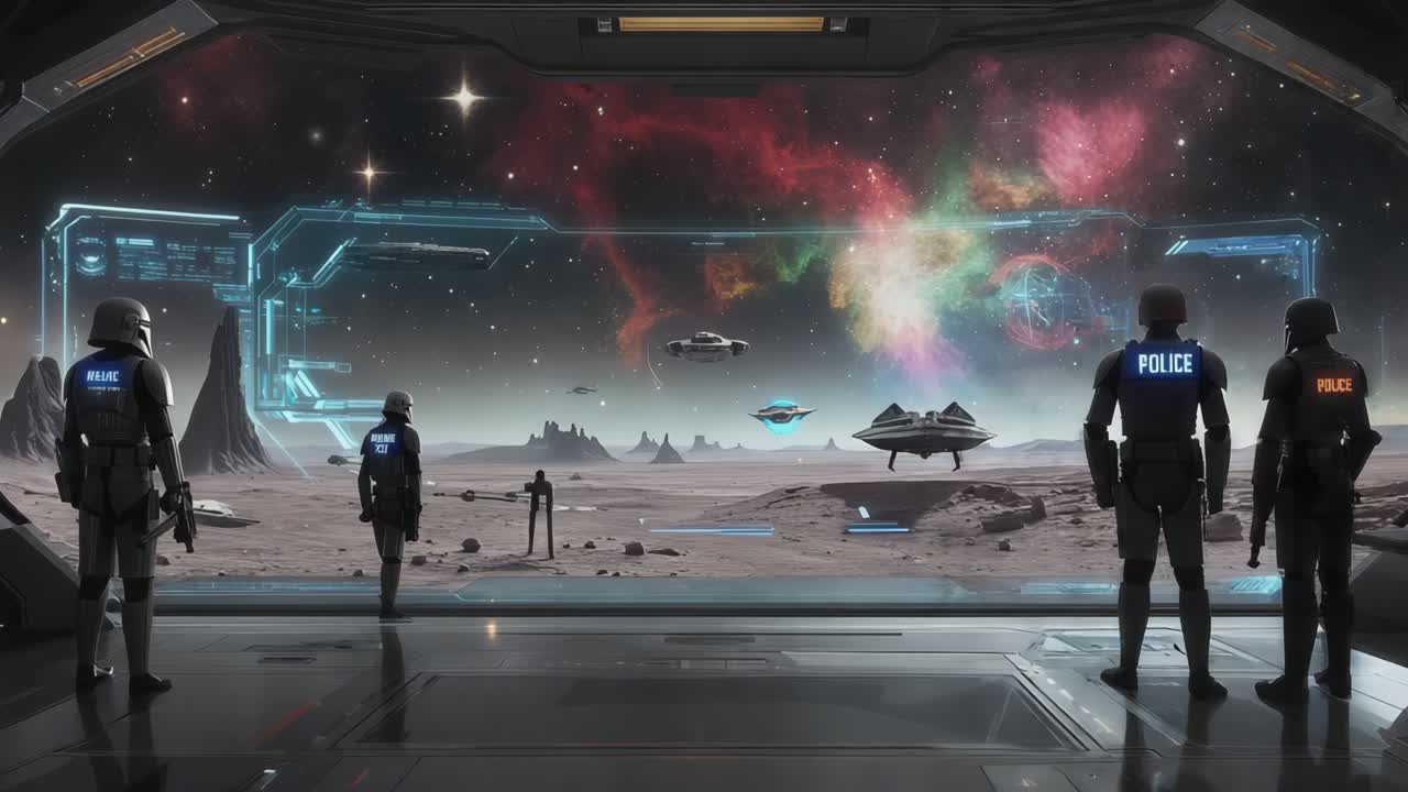 우주 경찰이 외계인 선박을 감시하고 있습니다.