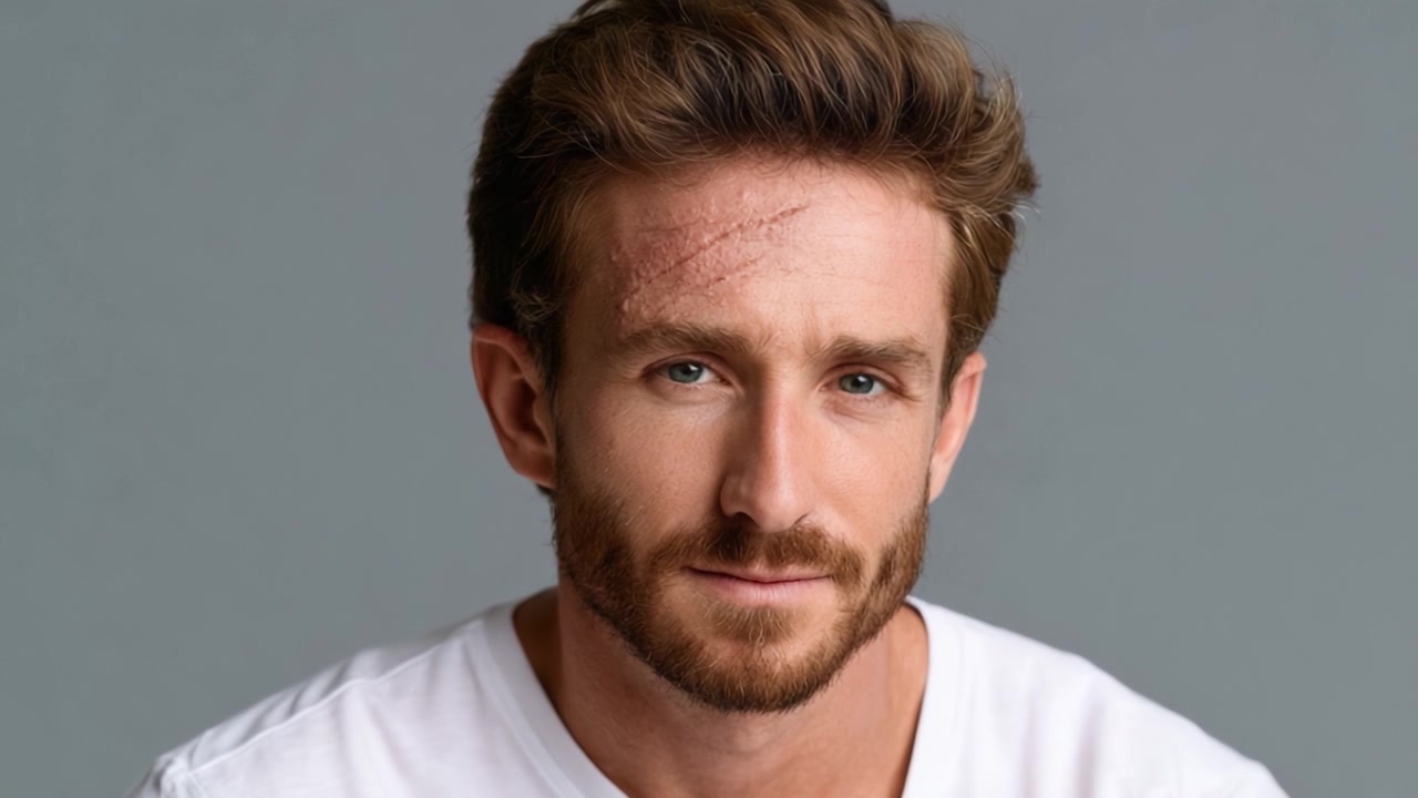 A close-up portrait of a man with a distinctive scar on his forehead, showcasing confidence and character against a neutral gray background, capturing a moment of introspection.