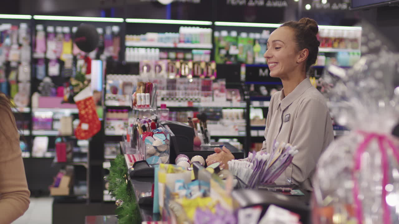 Female Customer Buying Make-Up Products In Beauty Shop