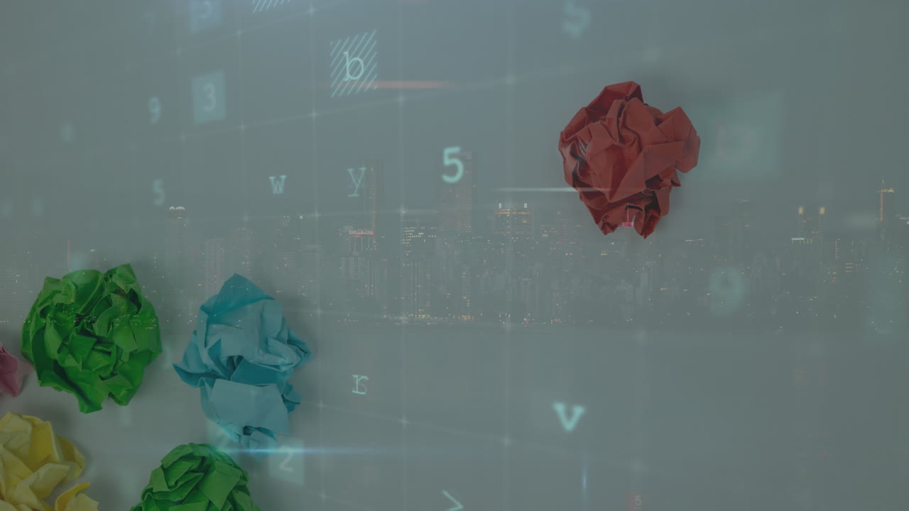Animation of numbers and malware over crumbled colorful papers on white background