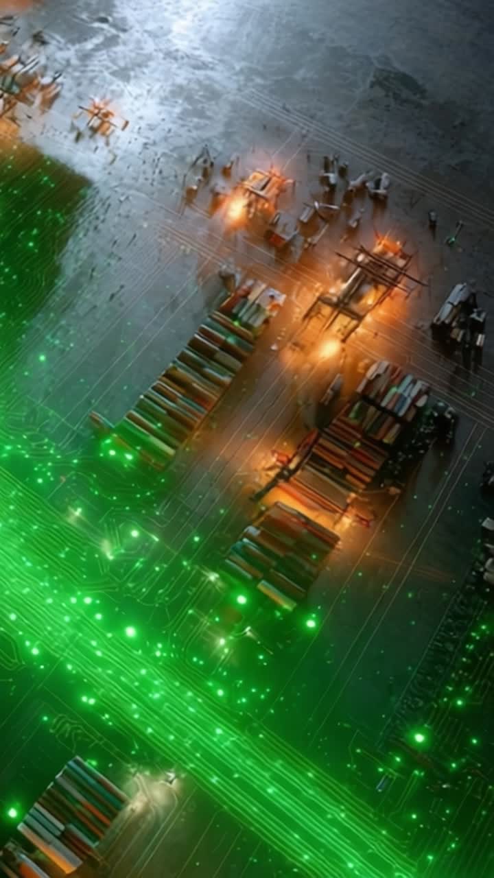 Aerial Overview of a Futuristic Warehouse with Containers, Illuminated Pathways, and Green Lights Reflecting Advanced Logistics and Technology Integration