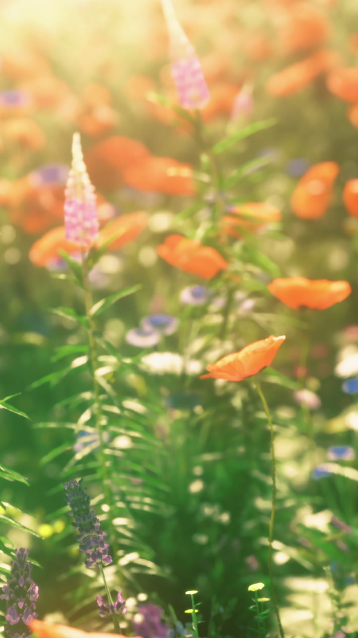 Vibrant wildflower field blooms in the warm sunlight under a bright sky