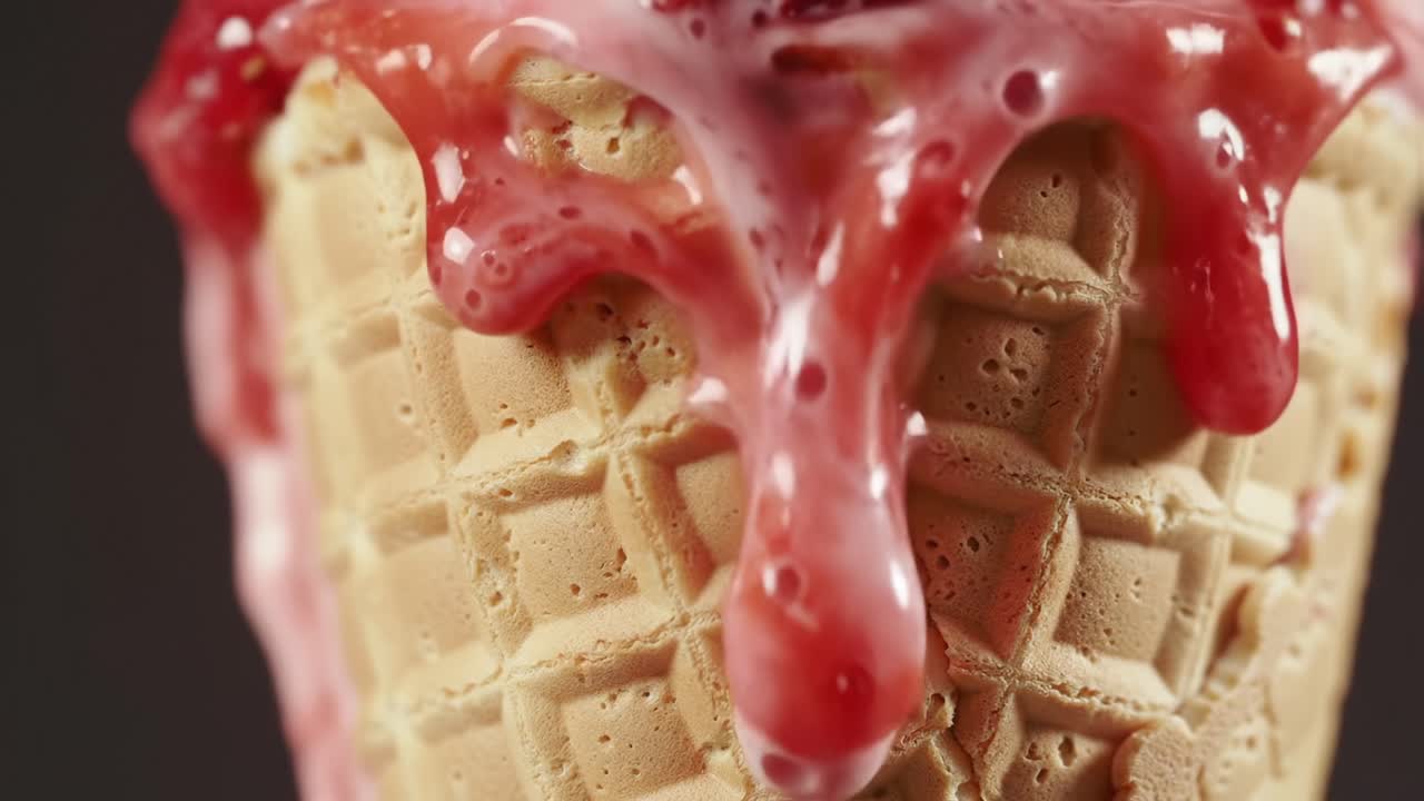 Mouthwatering Close-Up of a Melting Ice Cream Cone with Sticky Strawberry Sauce Dripping Over Its Surface and Enhancing its Visual Appeal