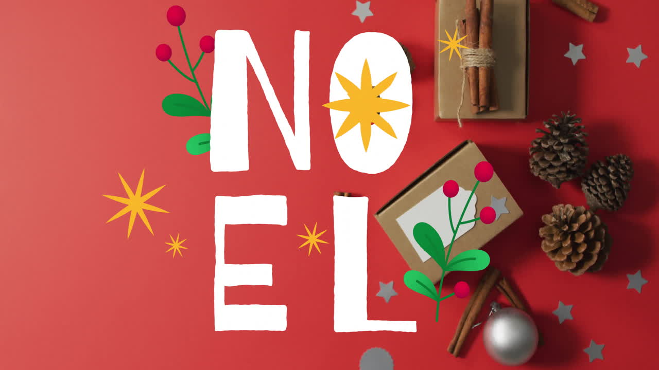 Animation of noel text over christmas decorations