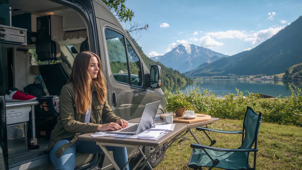 Placing hands on keys, woman jacket jeans typing on laptop at lakeside camper van, using documents