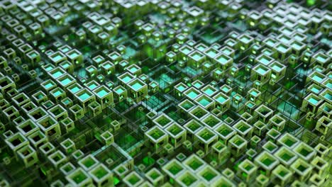 3d animation of colorful glass rows of cubes floating through the prog in 4k, creating an abstract graphic background technology texture. seamless loop 3d render. green blue color
