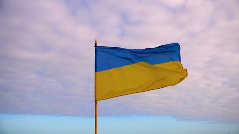 Die-Aufnahme-Einer-Ukrainischen-Flagge-Am-Stiel,-Die-Im-Wind-Flattert