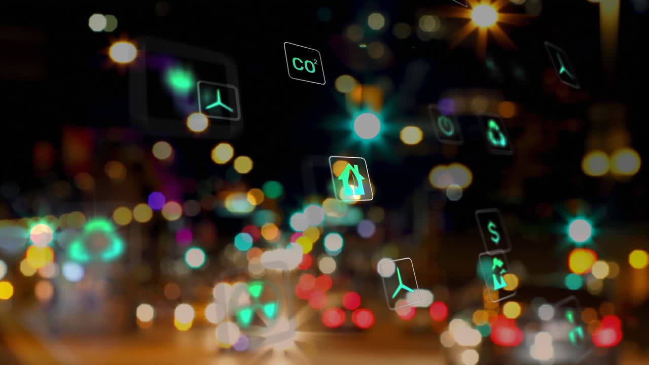 도시의 거리에서 움직이는 흐릿한 차량 위의 사각지대에 있는 아이콘의 애니메이션