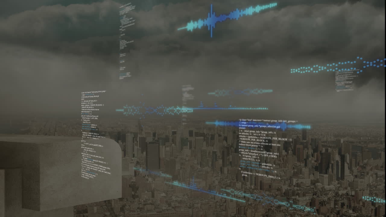 animación del procesamiento de datos frente a una vista aérea del paisaje urbano