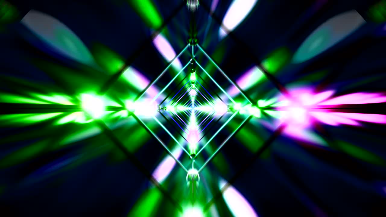 Un tunnel pieno di luci e colori vivaci crea un'esperienza visiva coinvolgente. I modelli si muovono fluidamente per formare un loop continuo, perfetto per screensaver o sfondi.