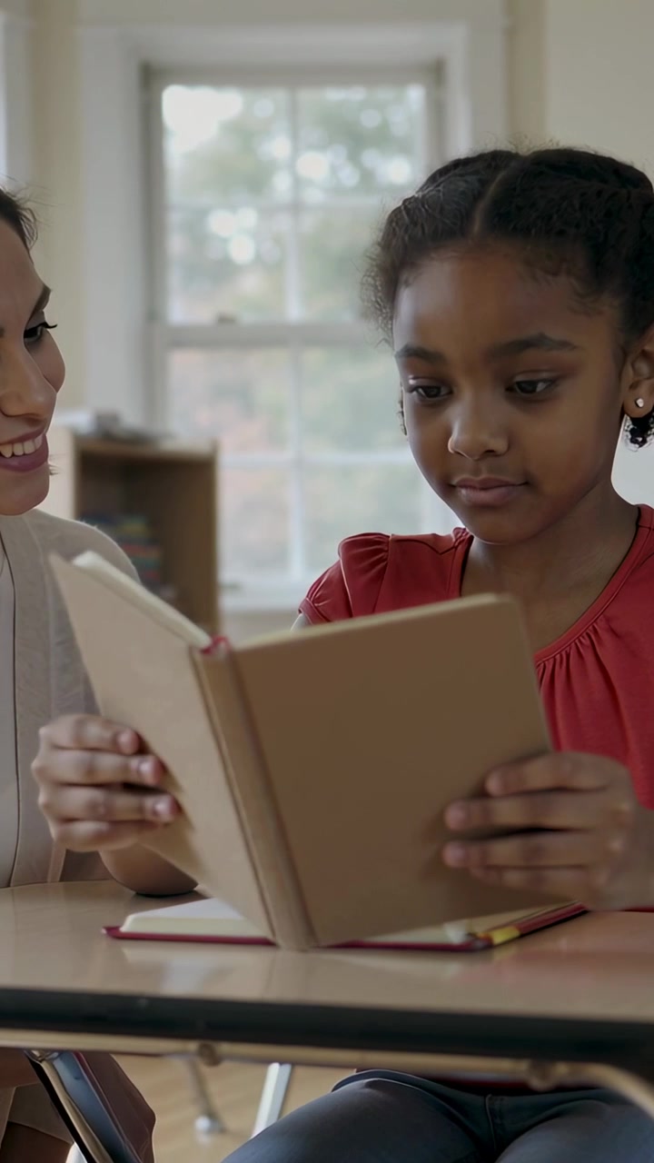 Video verticale: Tutor sorridente che incoraggia una bambina con una camicetta rossa a girare le pagine di un libro con copertina rigida al banco di scuola