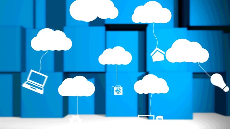 Digital icons hanging on clouds against square shapes against blue background