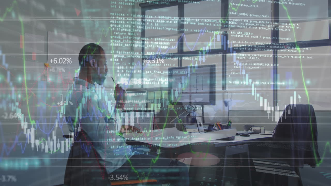 animación de datos financieros sobre un hombre de negocios afroamericano que trabaja en una computadora portátil en la oficina