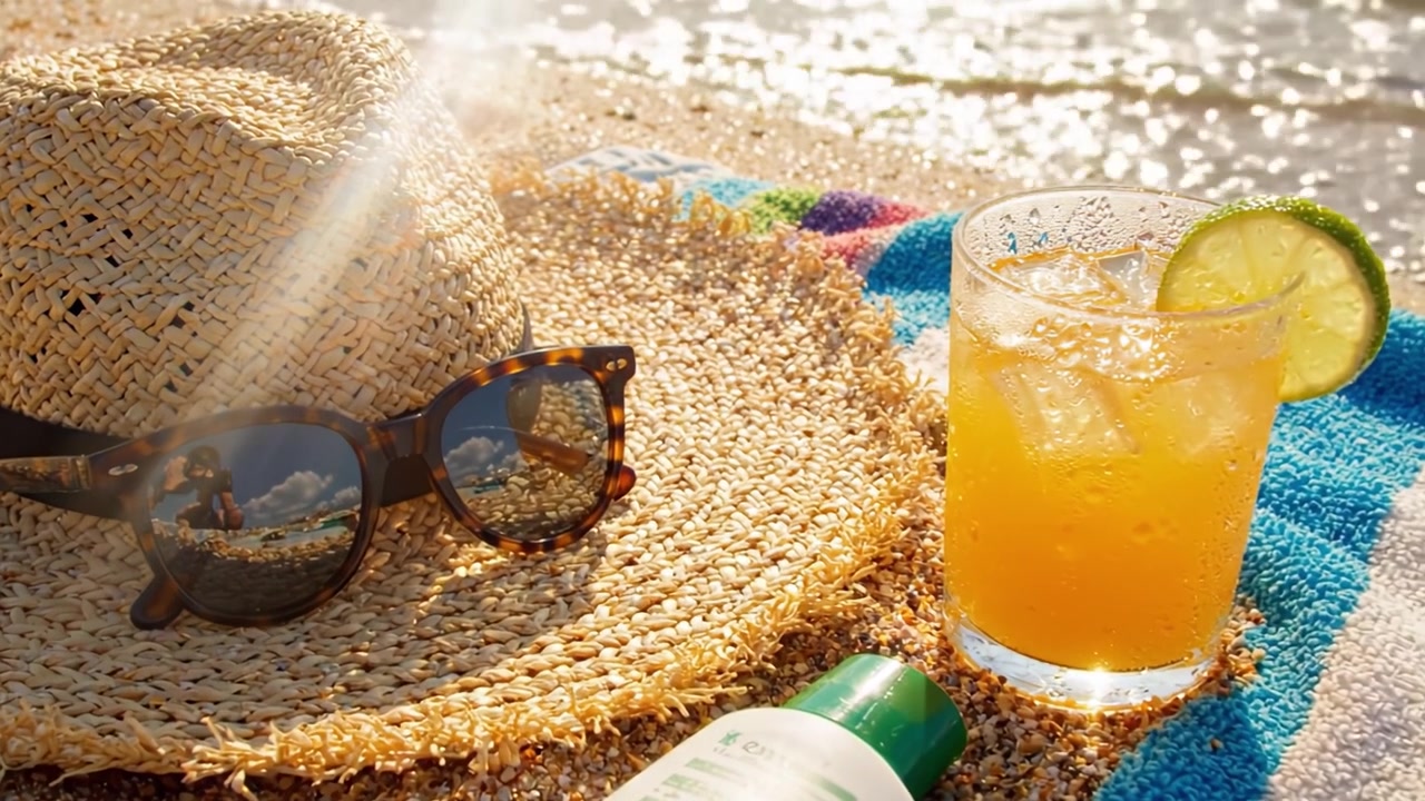 Uma Cena de Praia Relaxante com Óculos de Sol, um Chapéu de Palha e uma Bebida Refrescante, Perfeita para um Dia de Sol