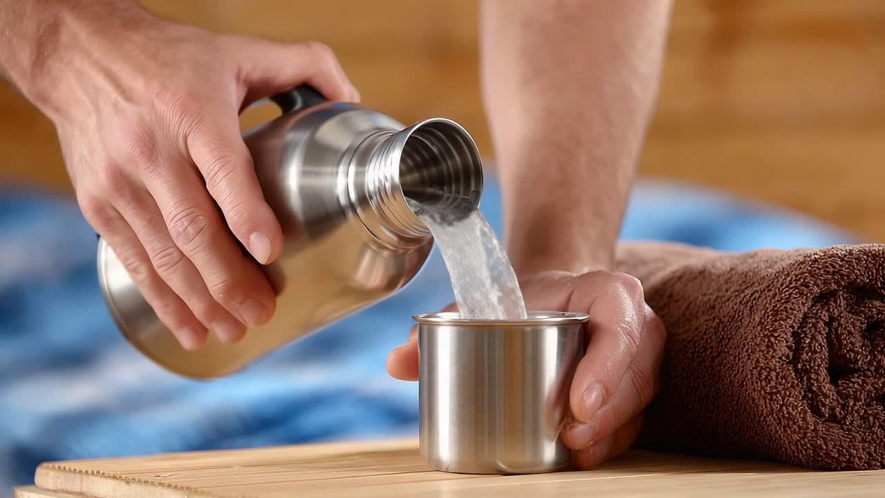 A close-up view capturing the process of pouring water from a stainless steel thermos into a metal cup, showcasing hydration and practical usage in a cozy setting