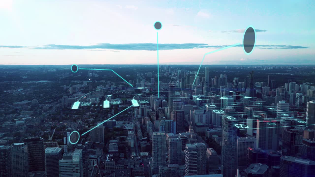 Animated graphics over downtown Toronto