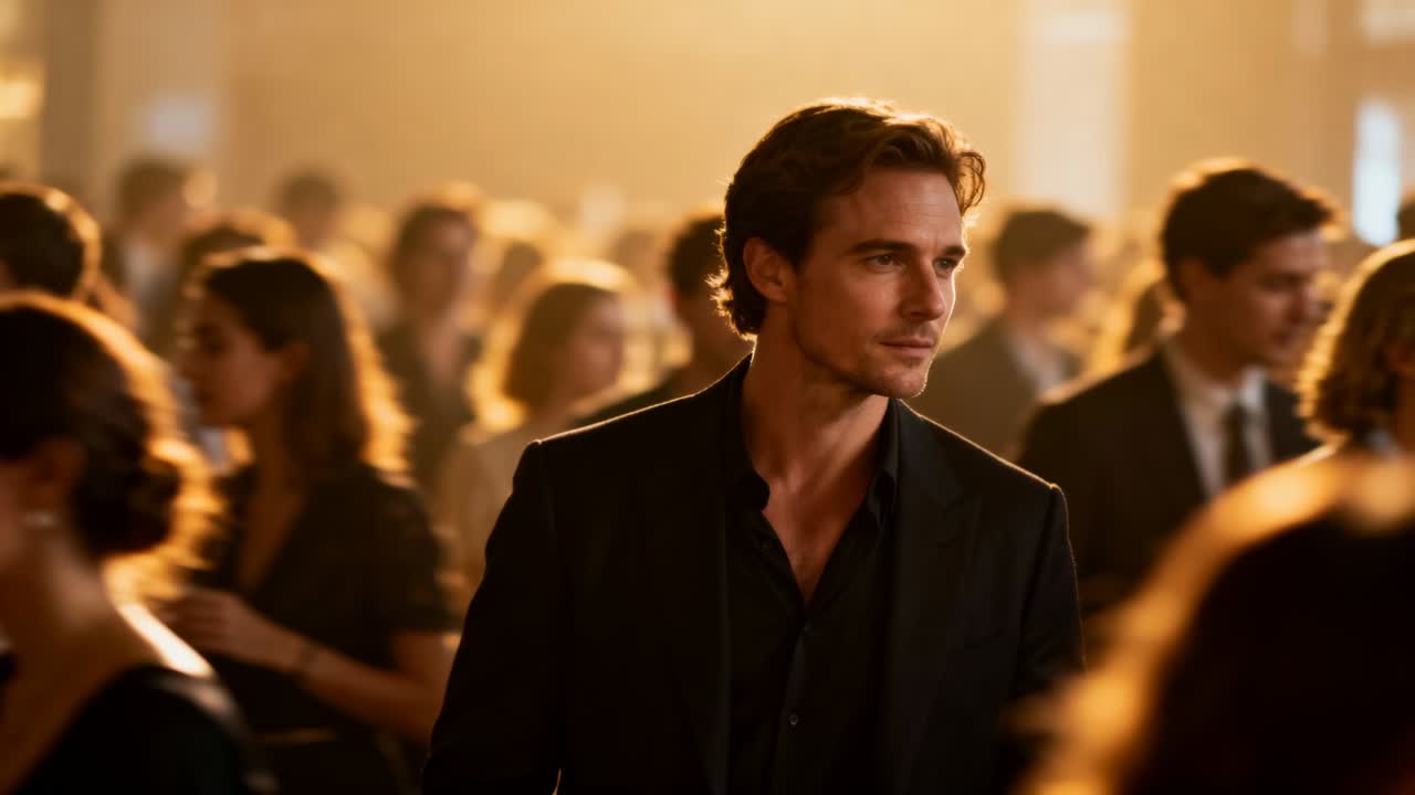 Uomo che cammina in abito scuro, che scruta la sala da ballo, stimolato dalla socializzazione, mentre indossa una camicia con il colletto aperto.