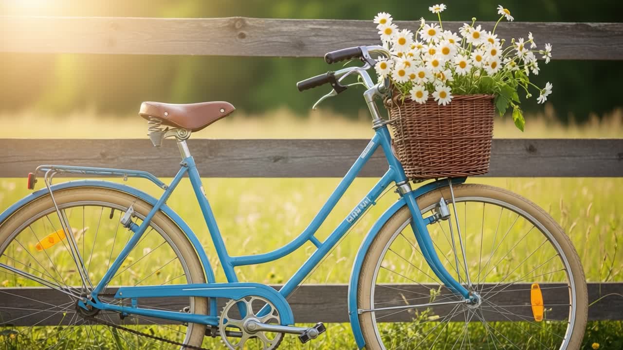 A Beautiful Blue Bicycle Adorned with Fresh Daisies in a Sunlit Field, Perfect for Leisurely Rides Through Nature's Scenic Beauty